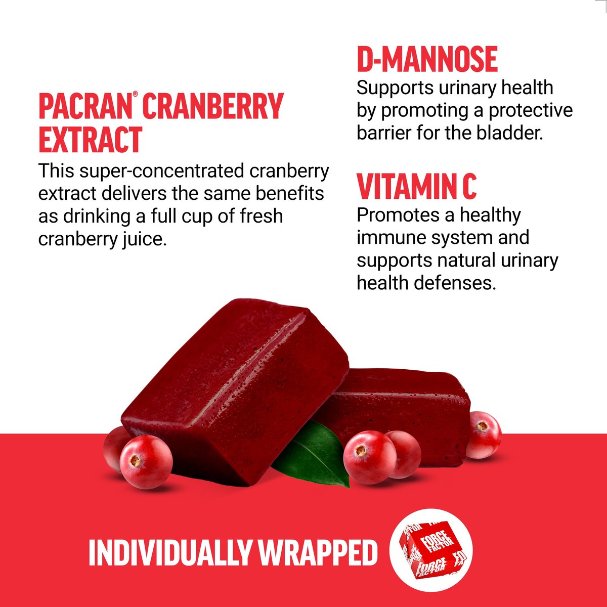 Force Factor Cranberry Soft Chews – Cranberry-Supplement mit D-Mannose und Cranberry-Extrakt für Blasen- und Harnwegsgesundheit bei Frauen, vegan, süßer Cranberry-Geschmack, 60 Soft Chews