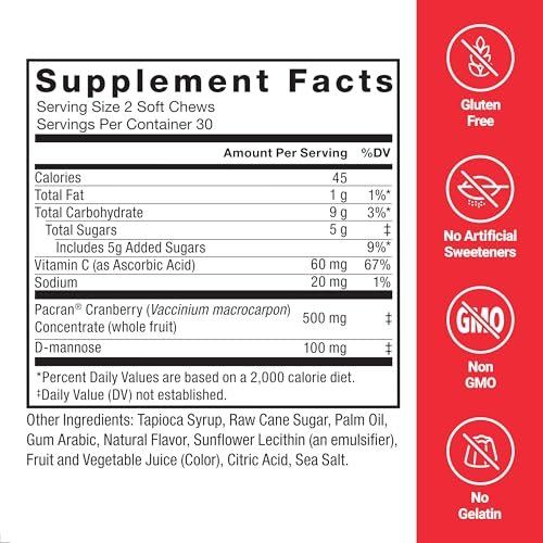 Force Factor Cranberry Soft Chews – Cranberry-Supplement mit D-Mannose und Cranberry-Extrakt für Blasen- und Harnwegsgesundheit bei Frauen, vegan, süßer Cranberry-Geschmack, 60 Soft Chews