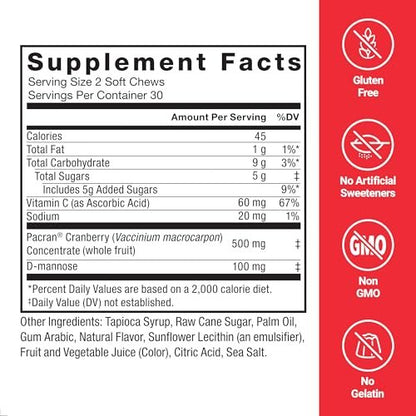 Force Factor Cranberry Soft Chews – Cranberry-Supplement mit D-Mannose und Cranberry-Extrakt für Blasen- und Harnwegsgesundheit bei Frauen, vegan, süßer Cranberry-Geschmack, 60 Soft Chews