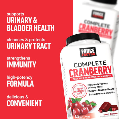 Force Factor Cranberry Soft Chews – Cranberry-Supplement mit D-Mannose und Cranberry-Extrakt für Blasen- und Harnwegsgesundheit bei Frauen, vegan, süßer Cranberry-Geschmack, 60 Soft Chews
