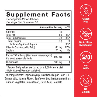 Force Factor Cranberry Soft Chews – Cranberry-Supplement mit D-Mannose und Cranberry-Extrakt für Blasen- und Harnwegsgesundheit bei Frauen, vegan, süßer Cranberry-Geschmack, 60 Soft Chews