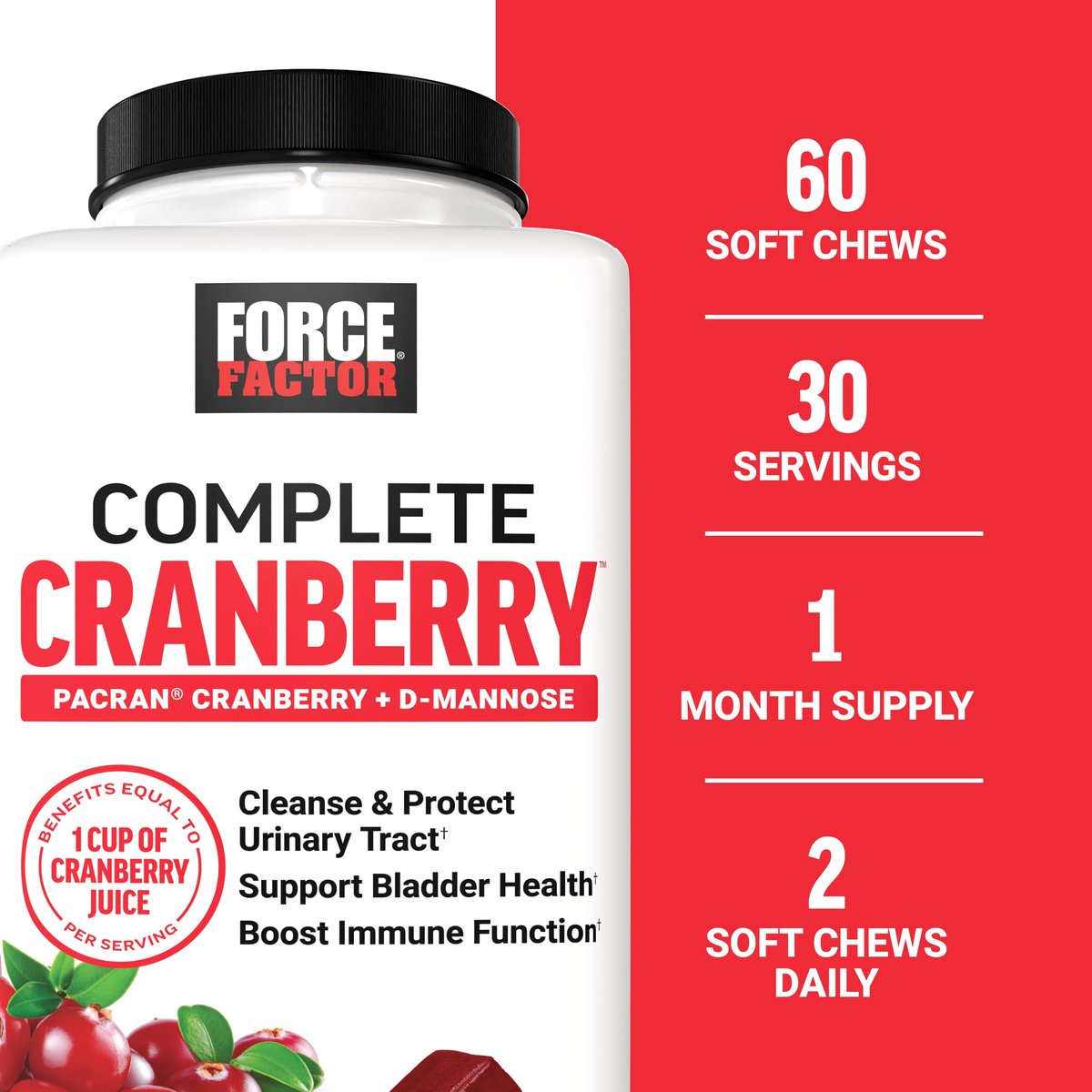 Force Factor Cranberry Soft Chews – Cranberry-Supplement mit D-Mannose und Cranberry-Extrakt für Blasen- und Harnwegsgesundheit bei Frauen, vegan, süßer Cranberry-Geschmack, 60 Soft Chews