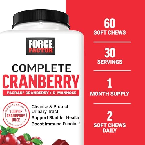 Force Factor Cranberry Soft Chews – Cranberry-Supplement mit D-Mannose und Cranberry-Extrakt für Blasen- und Harnwegsgesundheit bei Frauen, vegan, süßer Cranberry-Geschmack, 60 Soft Chews
