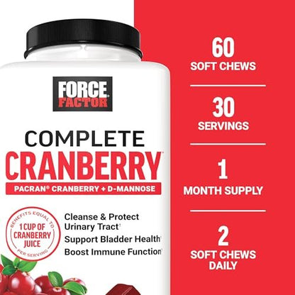 Force Factor Cranberry Soft Chews – Cranberry-Supplement mit D-Mannose und Cranberry-Extrakt für Blasen- und Harnwegsgesundheit bei Frauen, vegan, süßer Cranberry-Geschmack, 60 Soft Chews