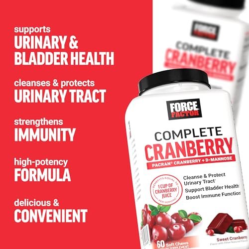 Force Factor Cranberry Soft Chews – Cranberry-Supplement mit D-Mannose und Cranberry-Extrakt für Blasen- und Harnwegsgesundheit bei Frauen, vegan, süßer Cranberry-Geschmack, 60 Soft Chews
