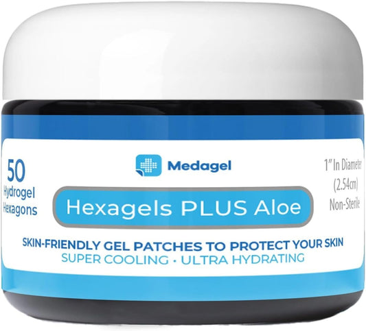 Medagel Hexagels Plus Aloe Vera - Fortschrittliche Hydrogel-Pads zur Blasenprävention und beruhigenden Verbrennungsversorgung - Schutz für Fuß, Ferse, Zeh und Knöchel, 50 Stück, 1-Zoll-Pflaster, Originalformel