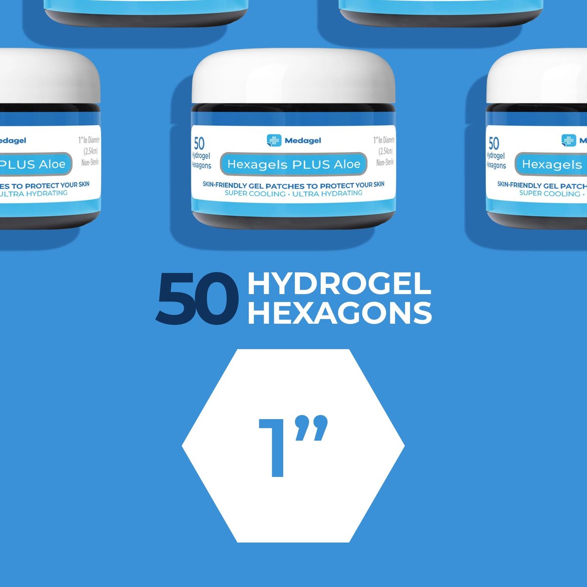 Medagel Hexagels Plus Aloe Vera - Fortschrittliche Hydrogel-Pads zur Blasenprävention und beruhigenden Verbrennungsversorgung - Schutz für Fuß, Ferse, Zeh und Knöchel, 50 Stück, 1-Zoll-Pflaster, Originalformel