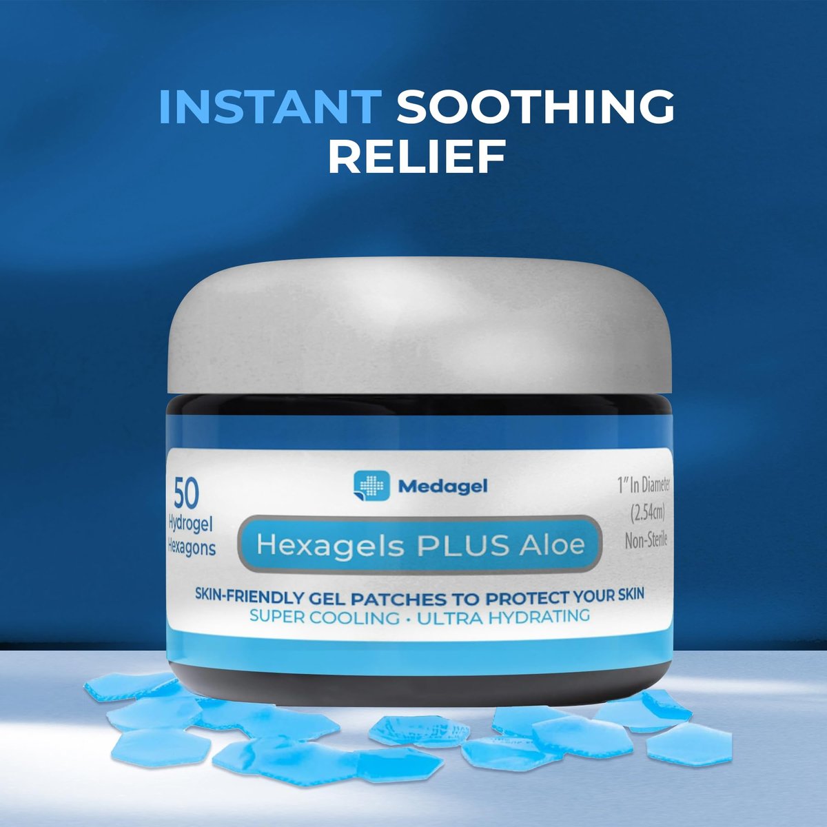 Medagel Hexagels Plus Aloe Vera - Fortschrittliche Hydrogel-Pads zur Blasenprävention und beruhigenden Verbrennungsversorgung - Schutz für Fuß, Ferse, Zeh und Knöchel, 50 Stück, 1-Zoll-Pflaster, Originalformel