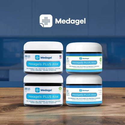 Medagel Hexagels Plus Aloe Vera - Fortschrittliche Hydrogel-Pads zur Blasenprävention und beruhigenden Verbrennungsversorgung - Schutz für Fuß, Ferse, Zeh und Knöchel, 50 Stück, 1-Zoll-Pflaster, Originalformel