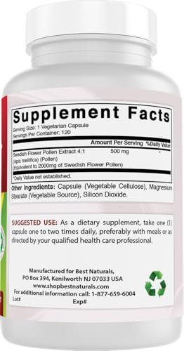 Best Naturals Schwedischer Blütenpollen 4:1 Extrakt 500 mg – 120 Kapseln