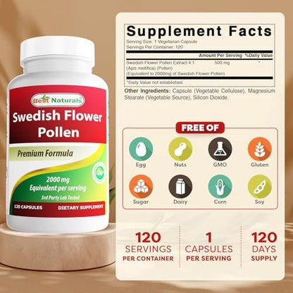 Best Naturals Schwedischer Blütenpollen 4:1 Extrakt 500 mg – 120 Kapseln