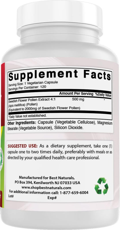 Best Naturals Schwedischer Blütenpollen 4:1 Extrakt 500 mg – 120 Kapseln