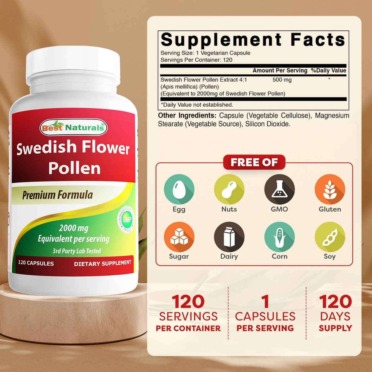 Best Naturals Schwedischer Blütenpollen 4:1 Extrakt 500 mg – 120 Kapseln
