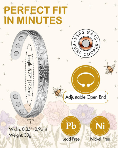Feraco Kupferarmband für Damen – Magnetarmband mit 99,99% reinem Kupfer und 3500 Gauß Magneten (Silber)