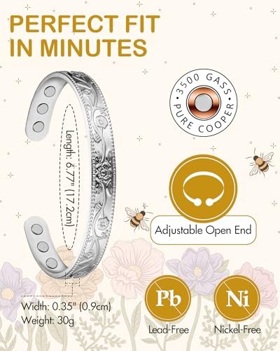 Feraco Kupferarmband für Damen – Magnetarmband mit 99,99% reinem Kupfer und 3500 Gauß Magneten (Silber)