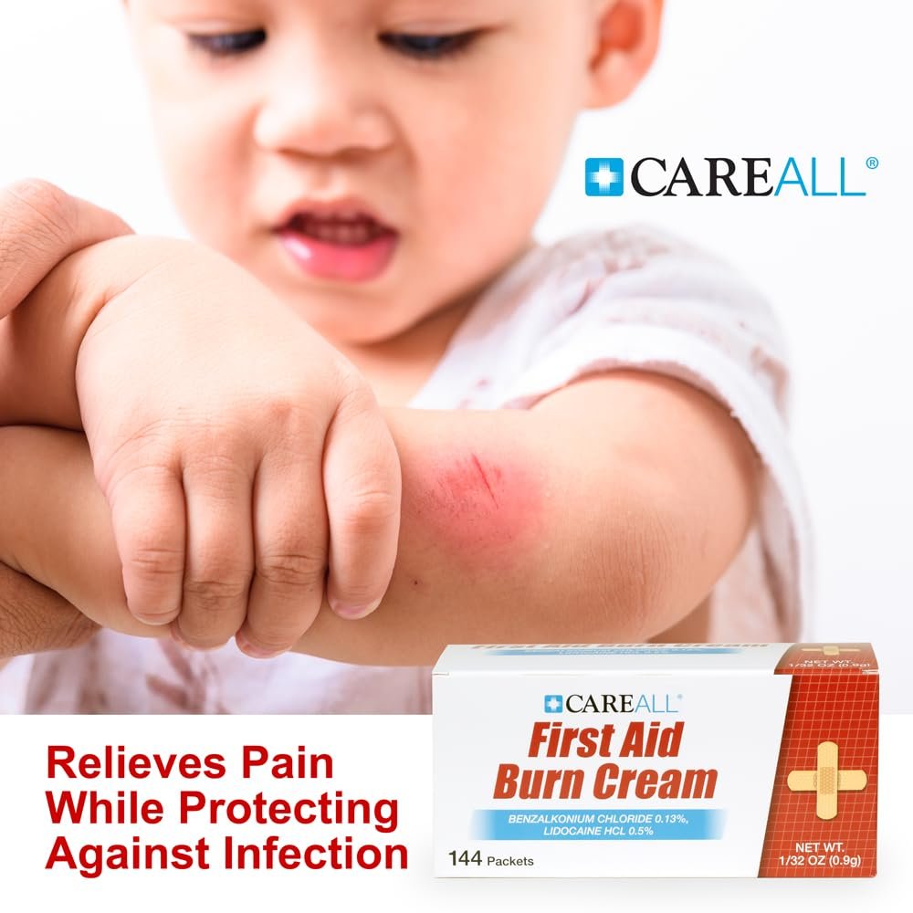 CareAll Erste-Hilfe-Brandcreme 0,9g Beutel (144er-Pack) – Schmerzlindernde Creme bei leichten Verbrennungen, Schnitten und Schürfwunden mit Benzalkoniumchlorid und Lidocain HCI