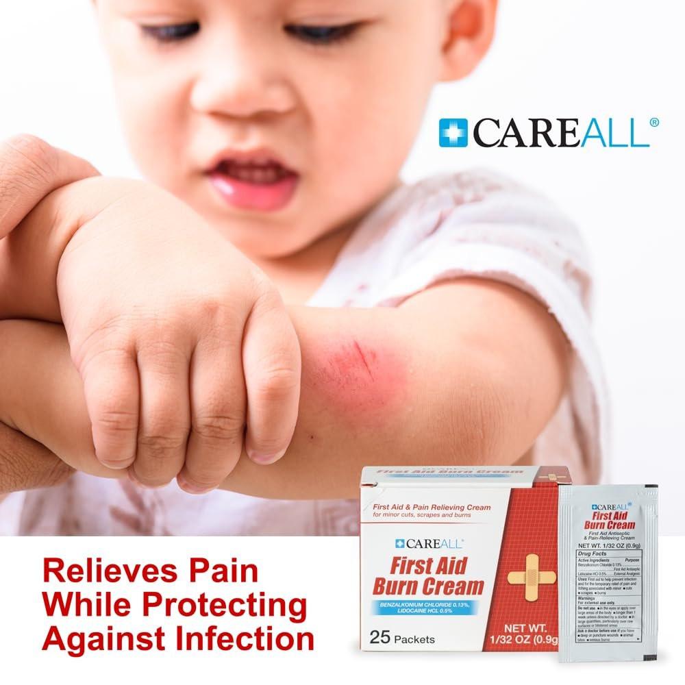 CareALL First Aid Burn Relief Cream 0,9g Beutel (Packung mit 25) Schmerzlindernde Erste-Hilfe-Creme zur vorübergehenden Linderung von Schmerzen bei leichten Verbrennungen, Schnitten und Schürfwunden. Verhindert Infektionen