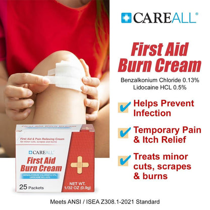 CareALL First Aid Burn Relief Cream 0,9g Beutel (Packung mit 25) Schmerzlindernde Erste-Hilfe-Creme zur vorübergehenden Linderung von Schmerzen bei leichten Verbrennungen, Schnitten und Schürfwunden. Verhindert Infektionen
