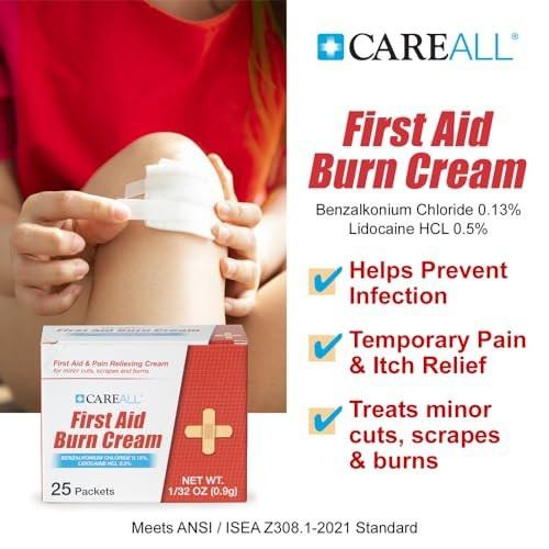 CareALL First Aid Burn Relief Cream 0,9g Beutel (Packung mit 25) Schmerzlindernde Erste-Hilfe-Creme zur vorübergehenden Linderung von Schmerzen bei leichten Verbrennungen, Schnitten und Schürfwunden. Verhindert Infektionen