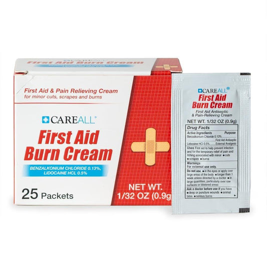 CareALL First Aid Burn Relief Cream 0,9g Beutel (Packung mit 25) Schmerzlindernde Erste-Hilfe-Creme zur vorübergehenden Linderung von Schmerzen bei leichten Verbrennungen, Schnitten und Schürfwunden. Verhindert Infektionen