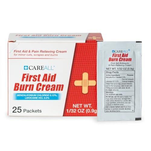 CareALL First Aid Burn Relief Cream 0,9g Beutel (Packung mit 25) Schmerzlindernde Erste-Hilfe-Creme zur vorübergehenden Linderung von Schmerzen bei leichten Verbrennungen, Schnitten und Schürfwunden. Verhindert Infektionen