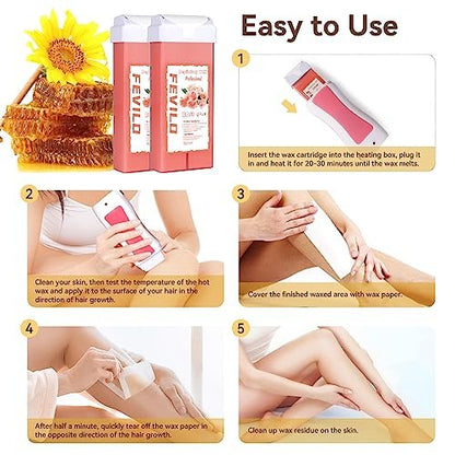 FOCTXI Haarentfernungs-Kit für Frauen und Männer mit Streifen – Roll-On-Wax-Kit mit 2 Rosen-Weichwachspatronen & 100 Vlies-Wachsstreifen – Enthaarungsset für zu Hause, Rosa, 7 Unzen (1er-Pack)