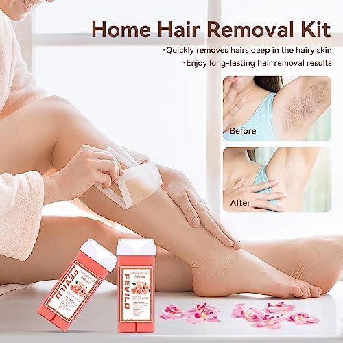 FOCTXI Haarentfernungs-Kit für Frauen und Männer mit Streifen – Roll-On-Wax-Kit mit 2 Rosen-Weichwachspatronen & 100 Vlies-Wachsstreifen – Enthaarungsset für zu Hause, Rosa, 7 Unzen (1er-Pack)