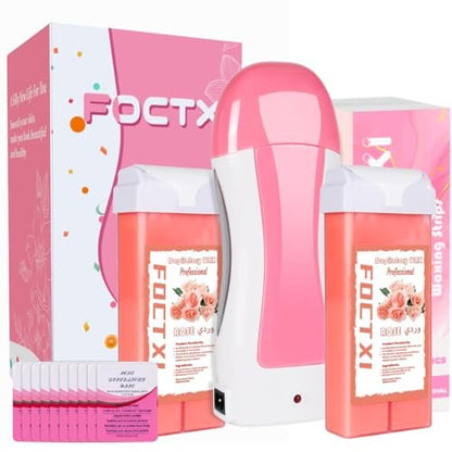 FOCTXI Haarentfernungs-Kit für Frauen und Männer mit Streifen – Roll-On-Wax-Kit mit 2 Rosen-Weichwachspatronen & 100 Vlies-Wachsstreifen – Enthaarungsset für zu Hause, Rosa, 7 Unzen (1er-Pack)
