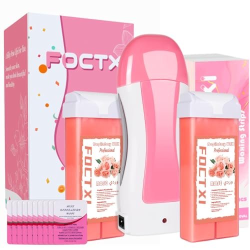 FOCTXI Haarentfernungs-Kit für Frauen und Männer mit Streifen – Roll-On-Wax-Kit mit 2 Rosen-Weichwachspatronen & 100 Vlies-Wachsstreifen – Enthaarungsset für zu Hause, Rosa, 7 Unzen (1er-Pack)