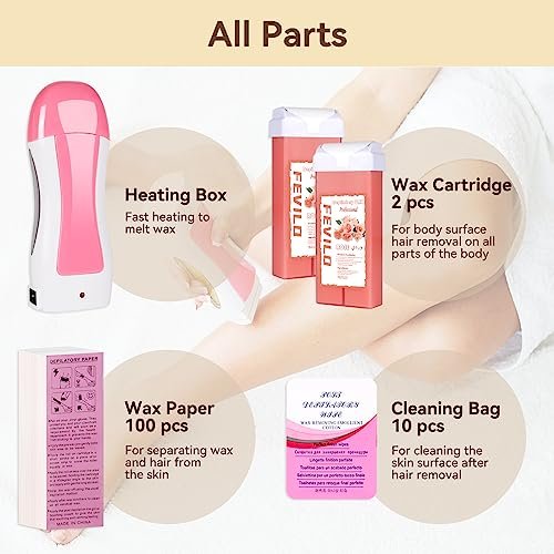FOCTXI Haarentfernungs-Kit für Frauen und Männer mit Streifen – Roll-On-Wax-Kit mit 2 Rosen-Weichwachspatronen & 100 Vlies-Wachsstreifen – Enthaarungsset für zu Hause, Rosa, 7 Unzen (1er-Pack)