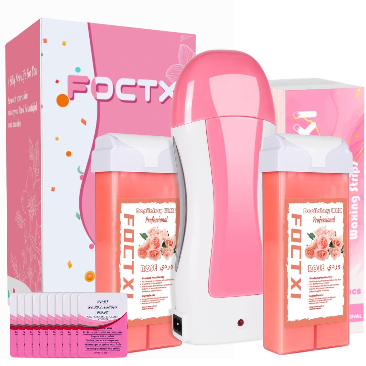 FOCTXI Haarentfernungs-Kit für Frauen und Männer mit Streifen – Roll-On-Wax-Kit mit 2 Rosen-Weichwachspatronen & 100 Vlies-Wachsstreifen – Enthaarungsset für zu Hause, Rosa, 7 Unzen (1er-Pack)