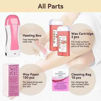 FOCTXI Haarentfernungs-Kit für Frauen und Männer mit Streifen – Roll-On-Wax-Kit mit 2 Rosen-Weichwachspatronen & 100 Vlies-Wachsstreifen – Enthaarungsset für zu Hause, Rosa, 7 Unzen (1er-Pack)