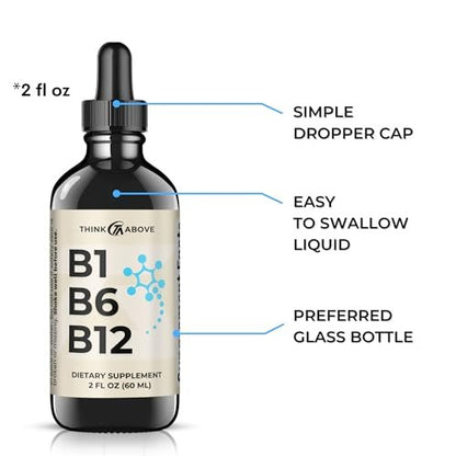 Think Above B1 B6 B12 Vitamin Liquid Drops - Tägliches Wellness-Ergänzungsmittel - Fruchtiger Geschmack - Methylcobalamin, Thiamin, Pyridoxin - 60-Tage-Vorrat - 60 ml - für Männer und Frauen
