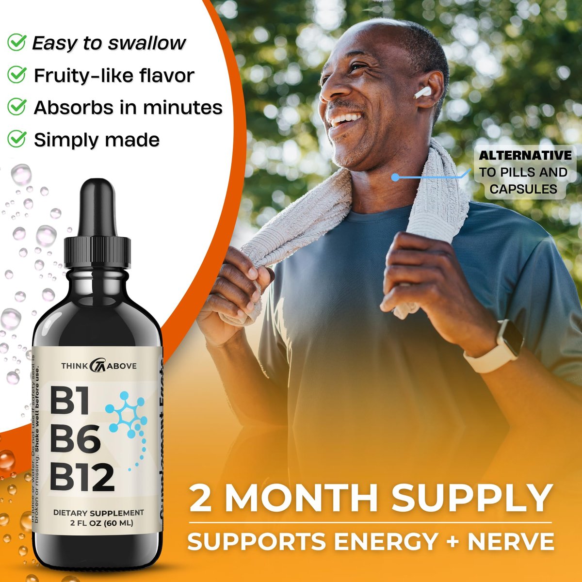 Think Above B1 B6 B12 Vitamin Liquid Drops - Tägliches Wellness-Ergänzungsmittel - Fruchtiger Geschmack - Methylcobalamin, Thiamin, Pyridoxin - 60-Tage-Vorrat - 60 ml - für Männer und Frauen