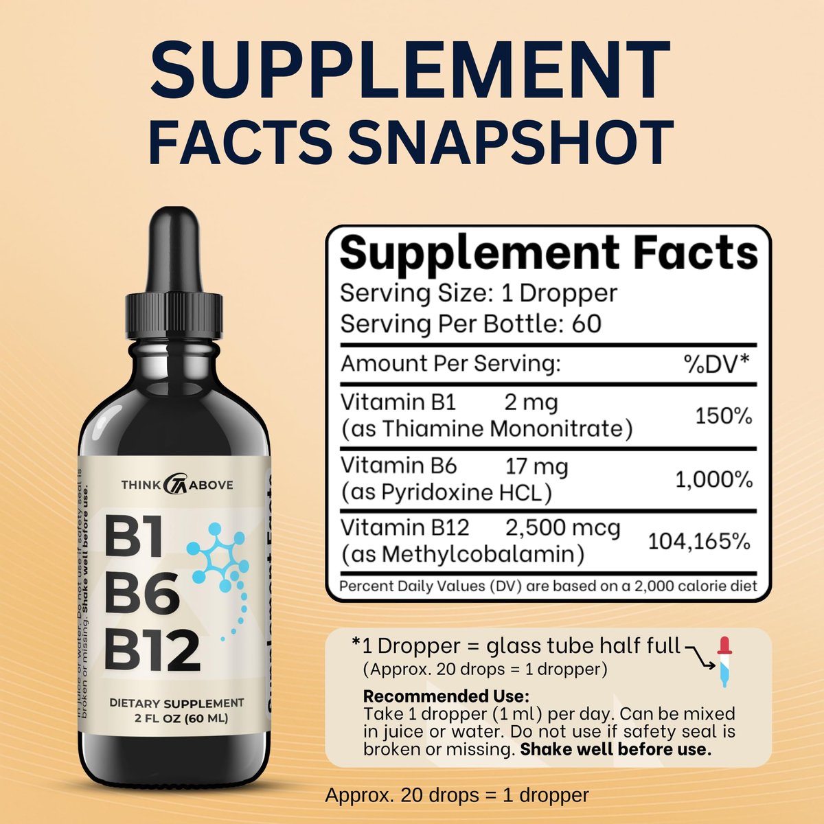 Think Above B1 B6 B12 Vitamin Liquid Drops - Tägliches Wellness-Ergänzungsmittel - Fruchtiger Geschmack - Methylcobalamin, Thiamin, Pyridoxin - 60-Tage-Vorrat - 60 ml - für Männer und Frauen