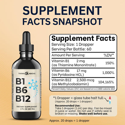 Think Above B1 B6 B12 Vitamin Liquid Drops - Tägliches Wellness-Ergänzungsmittel - Fruchtiger Geschmack - Methylcobalamin, Thiamin, Pyridoxin - 60-Tage-Vorrat - 60 ml - für Männer und Frauen