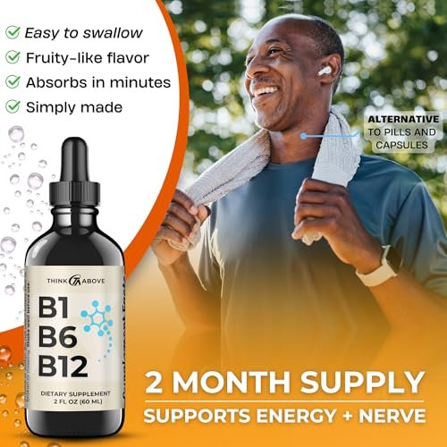 Think Above B1 B6 B12 Vitamin Liquid Drops - Tägliches Wellness-Ergänzungsmittel - Fruchtiger Geschmack - Methylcobalamin, Thiamin, Pyridoxin - 60-Tage-Vorrat - 60 ml - für Männer und Frauen