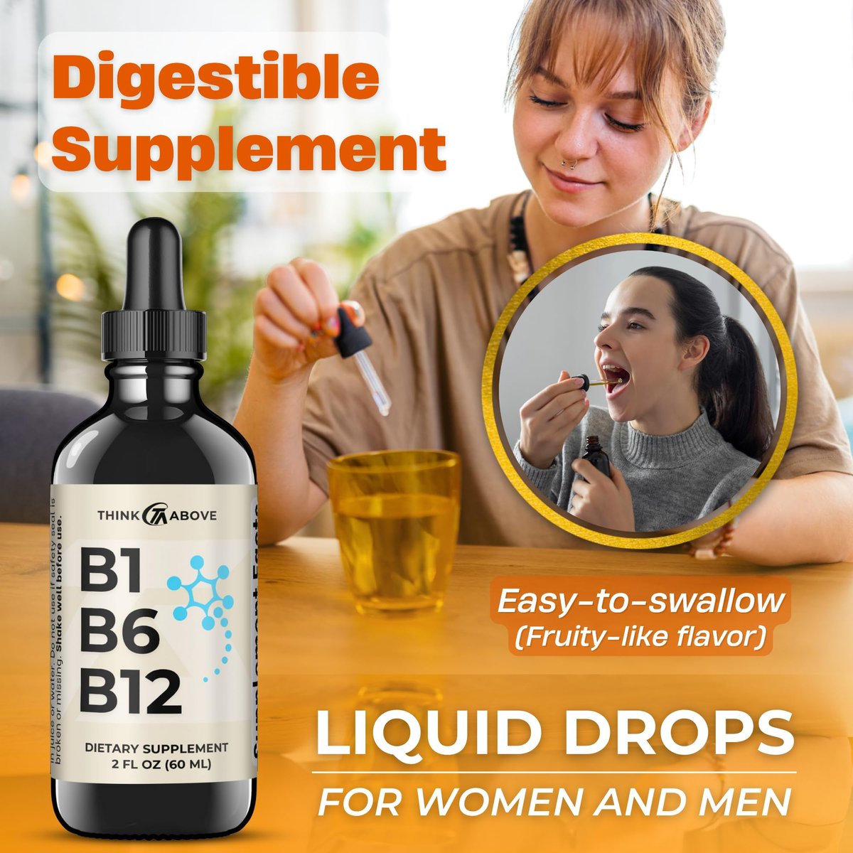 Think Above B1 B6 B12 Vitamin Liquid Drops - Tägliches Wellness-Ergänzungsmittel - Fruchtiger Geschmack - Methylcobalamin, Thiamin, Pyridoxin - 60-Tage-Vorrat - 60 ml - für Männer und Frauen