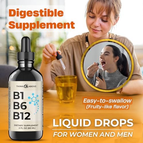 Think Above B1 B6 B12 Vitamin Liquid Drops - Tägliches Wellness-Ergänzungsmittel - Fruchtiger Geschmack - Methylcobalamin, Thiamin, Pyridoxin - 60-Tage-Vorrat - 60 ml - für Männer und Frauen