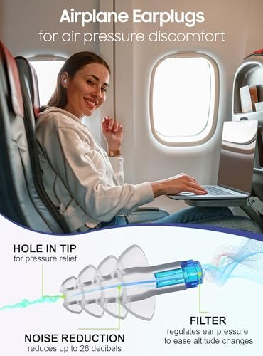 Flug-Ohrstöpsel mit Druckausgleich – 2 Paar wiederverwendbare Silikon-Ohrstöpsel für Erwachsene, 26 dB Dämpfung, mit Verbindungskabel, Reisezubehör für Flugreisen, Gehörschutz für Flugzeuge