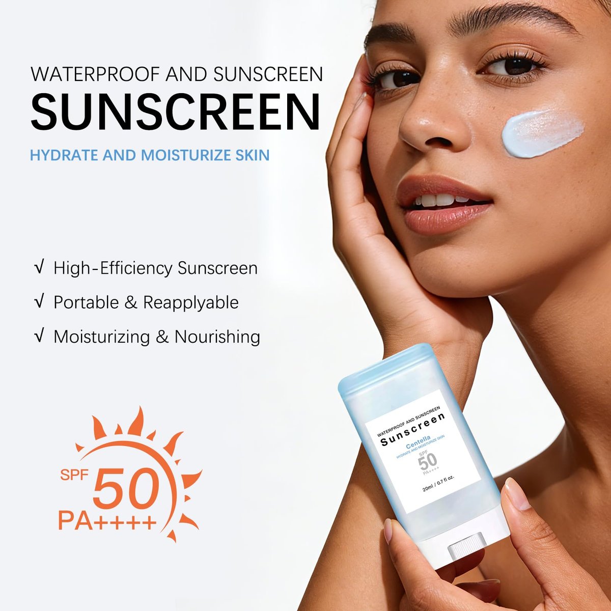 Sonnencreme Stick mit Centella SPF50+ PA++++ Feuchtigkeitsspendender Sun Stick wasserfest leichter UVA UVB Breitbandschutz Sonnenschutzstift für Gesicht und Körper (1 Stück)