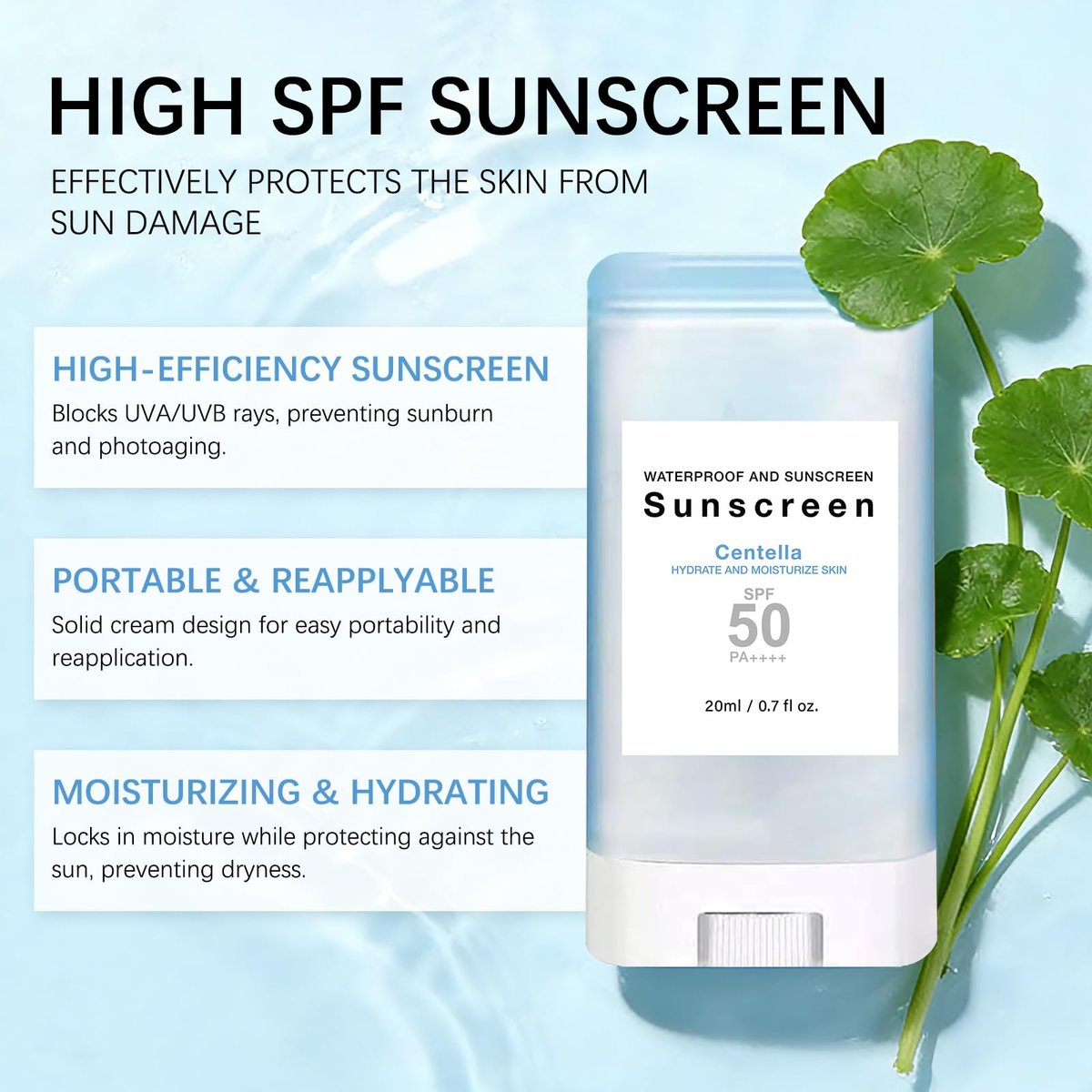 Sonnencreme Stick mit Centella SPF50+ PA++++ Feuchtigkeitsspendender Sun Stick wasserfest leichter UVA UVB Breitbandschutz Sonnenschutzstift für Gesicht und Körper (1 Stück)