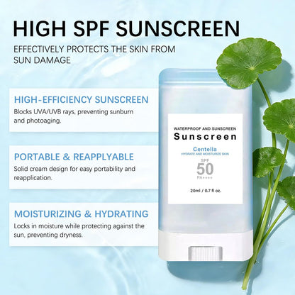 Sonnencreme Stick mit Centella SPF50+ PA++++ Feuchtigkeitsspendender Sun Stick wasserfest leichter UVA UVB Breitbandschutz Sonnenschutzstift für Gesicht und Körper (1 Stück)