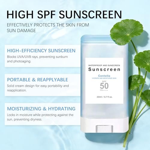 Sonnencreme Stick mit Centella SPF50+ PA++++ Feuchtigkeitsspendender Sun Stick wasserfest leichter UVA UVB Breitbandschutz Sonnenschutzstift für Gesicht und Körper (1 Stück)