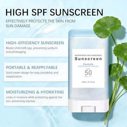 Sonnencreme Stick mit Centella SPF50+ PA++++ Feuchtigkeitsspendender Sun Stick wasserfest leichter UVA UVB Breitbandschutz Sonnenschutzstift für Gesicht und Körper (1 Stück)
