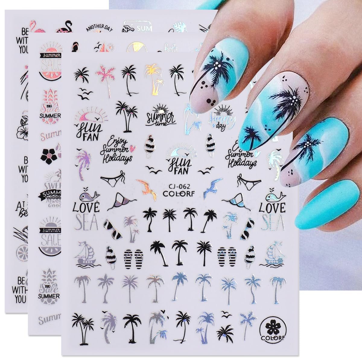 Sommerliche Nagelaufkleber – Palm Tree Nail Stickers, 6er-Pack mit tropischen Designs (Starfish, Beach, Coconut Tree) für DIY Nail Art, Acryl-Aufkleber für Frauen