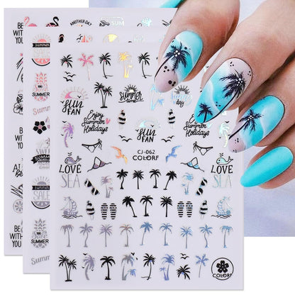 Sommerliche Nagelaufkleber – Palm Tree Nail Stickers, 6er-Pack mit tropischen Designs (Starfish, Beach, Coconut Tree) für DIY Nail Art, Acryl-Aufkleber für Frauen