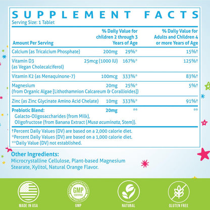 ChiQwench 500 mg Calcium Supplement mit Vitamin D3 & K2, Zink, Magnesium & Präbiotika – Orangen-Kautabletten für Kinder, Knochenstärke, hochabsorbierend, Non-GMO, glutenfrei, 60 Tabletten