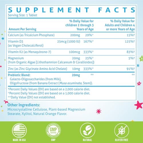 ChiQwench 500 mg Calcium Supplement mit Vitamin D3 & K2, Zink, Magnesium & Präbiotika – Orangen-Kautabletten für Kinder, Knochenstärke, hochabsorbierend, Non-GMO, glutenfrei, 60 Tabletten