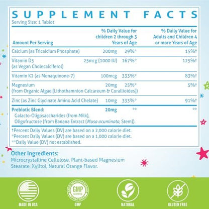 ChiQwench 500 mg Calcium Supplement mit Vitamin D3 & K2, Zink, Magnesium & Präbiotika – Orangen-Kautabletten für Kinder, Knochenstärke, hochabsorbierend, Non-GMO, glutenfrei, 60 Tabletten